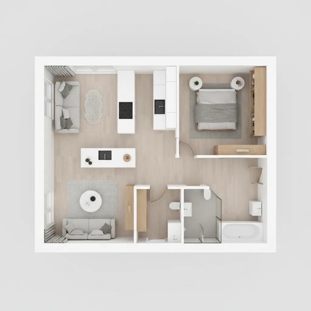 3D floor plan rendering of a small modern apartment with furniture and labeled rooms