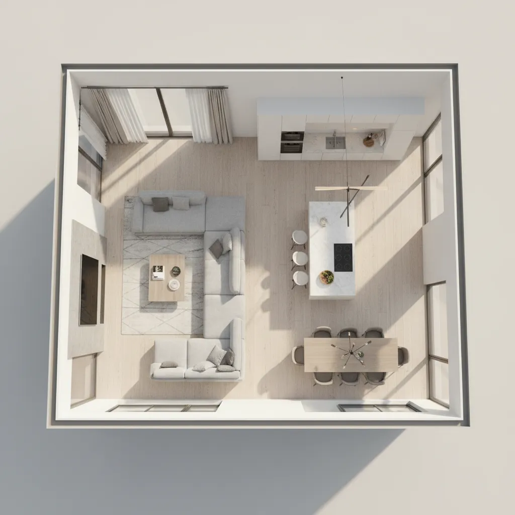 3D floor plan of modern open concept home with living room kitchen and dining area