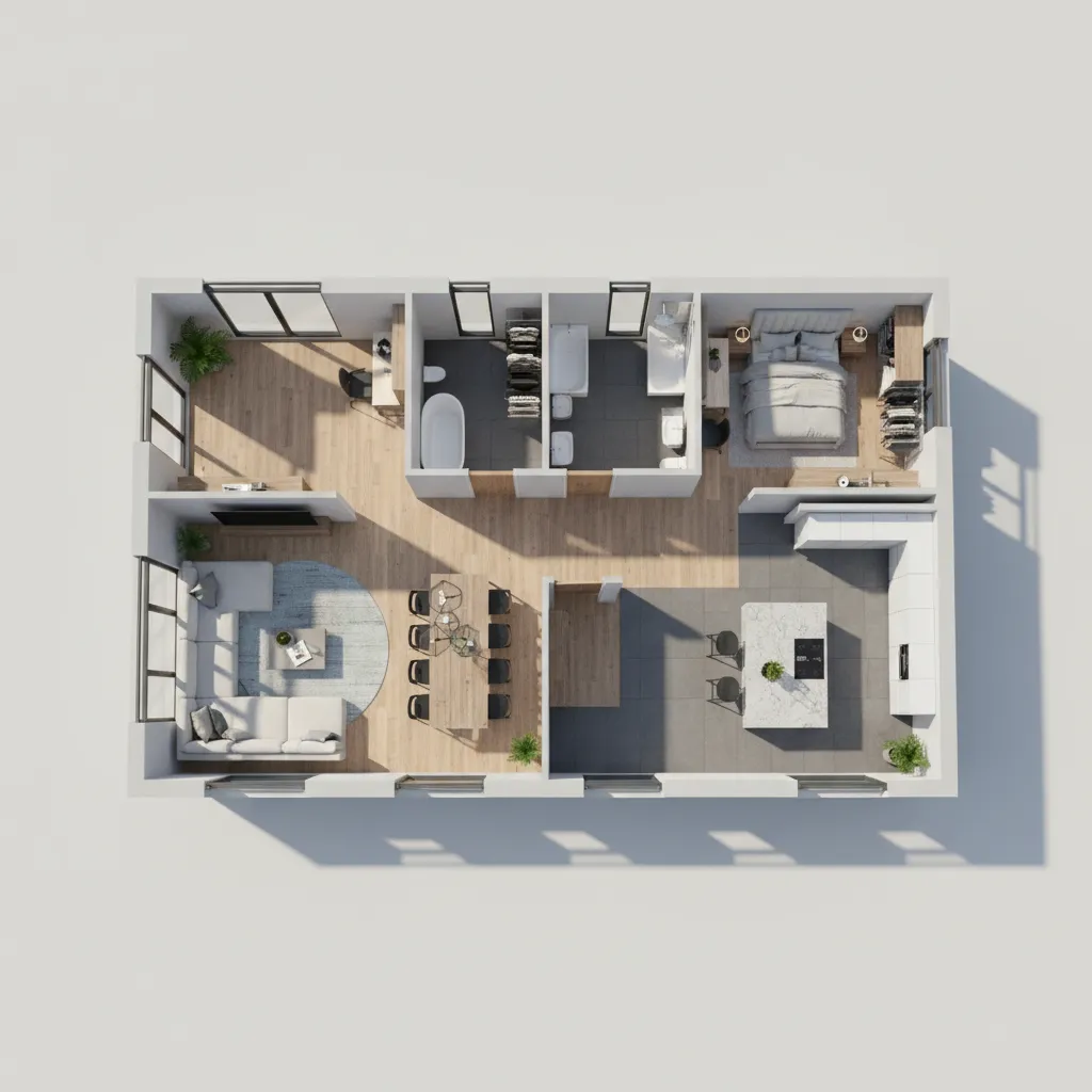 3D interior design drawing showing modern apartment layout with kitchen bedroom and open living room
