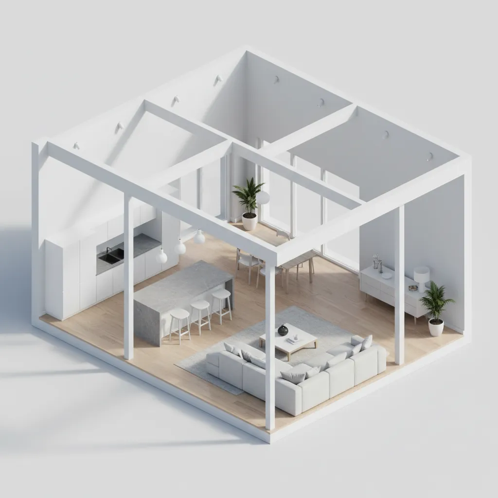 Plano 3D de distribución de una casa moderna