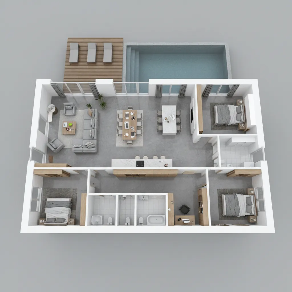 Floor plan featuring three bedrooms living room kitchen dining area swimming pool and wooden deck