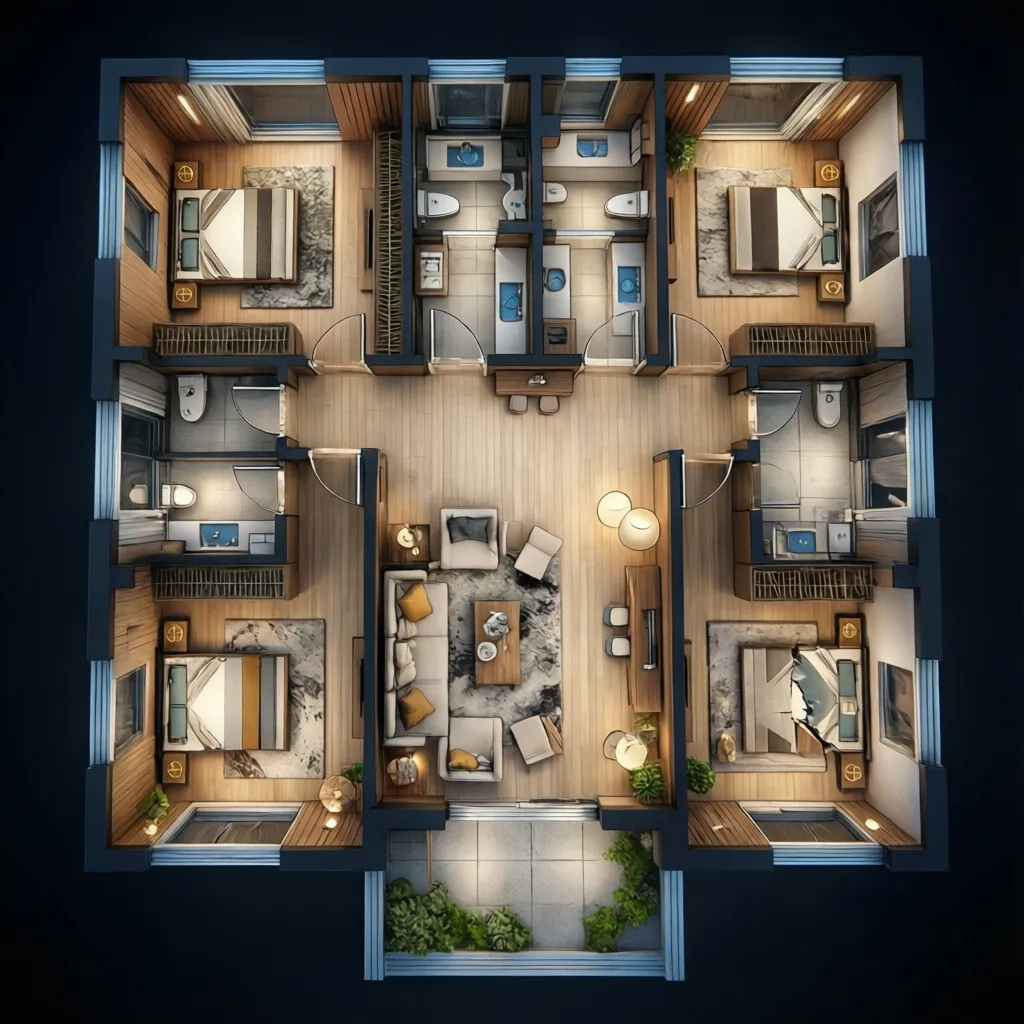 Plano 3D de distribución de una casa moderna