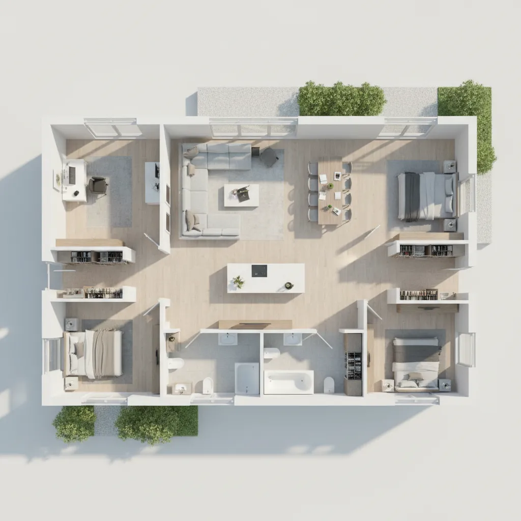 3D interior design drawing showing three bedrooms living area kitchen island and dining table layout