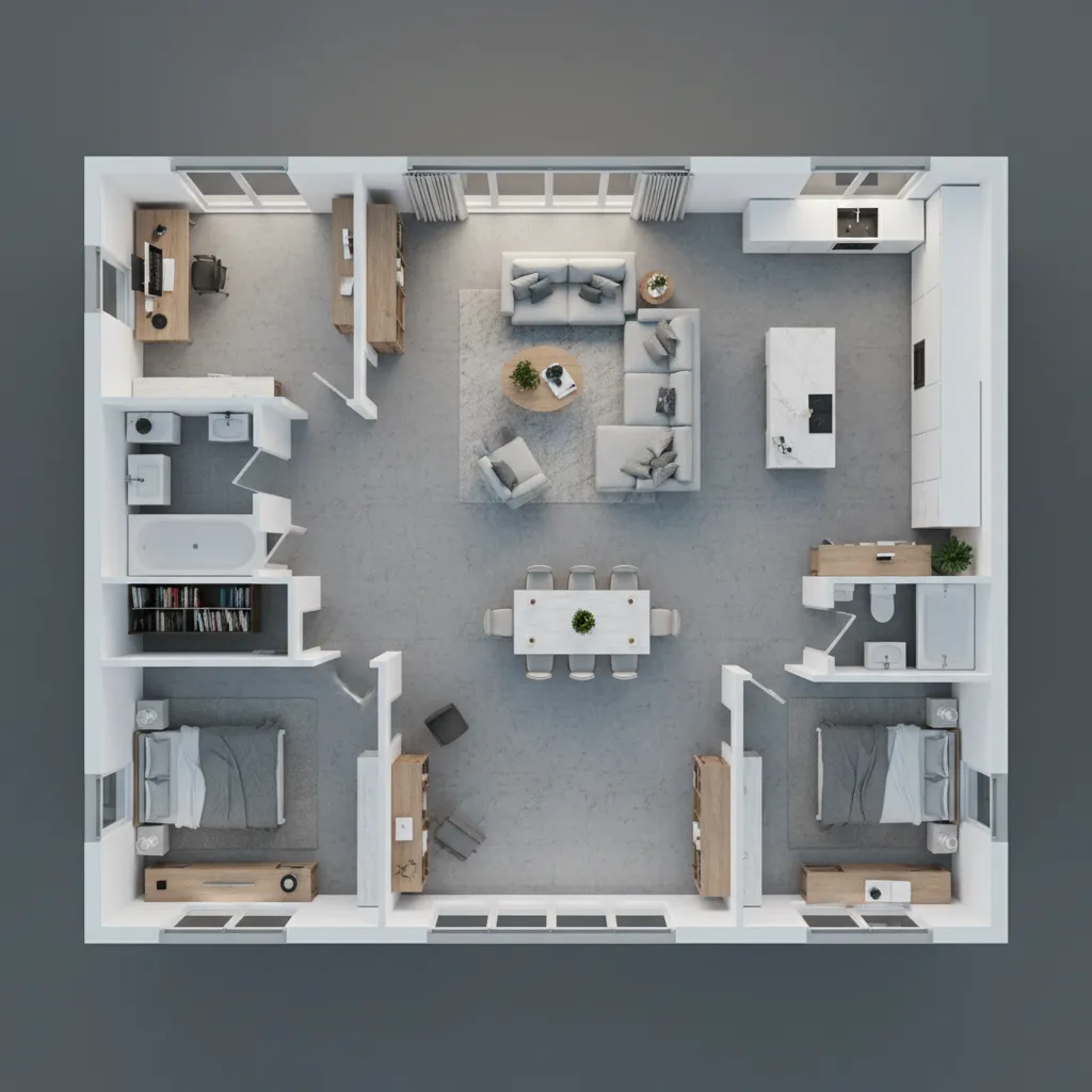 Visualización en 3D de la distribución interior de una casa moderna