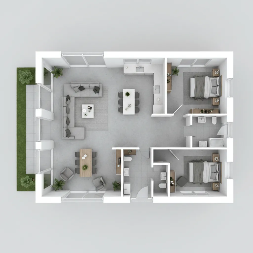 visualización 3D de plano de casa moderna