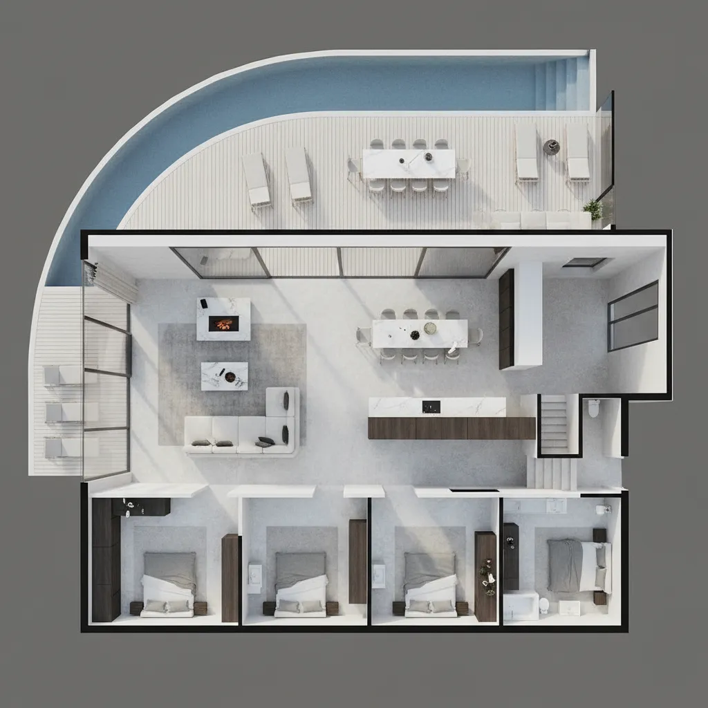Top down interior design drawing of house with four bedrooms living area and outdoor swimming pool