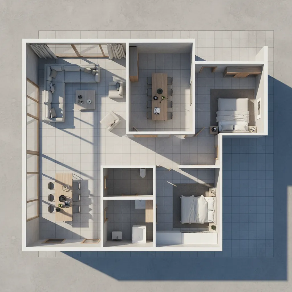 3D top-down view of a modern apartment including living room dining area and two bedrooms