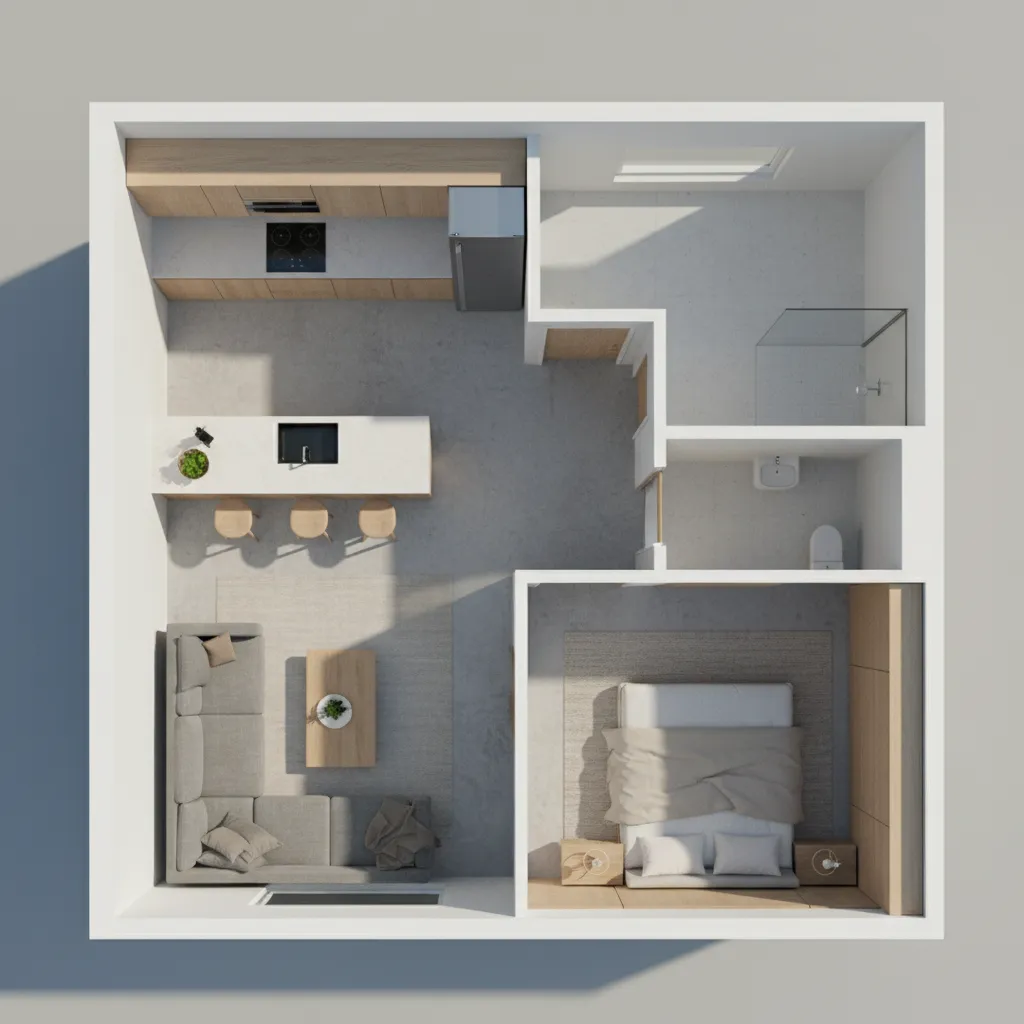 plano de casa en 3D mostrando distribución de habitaciones