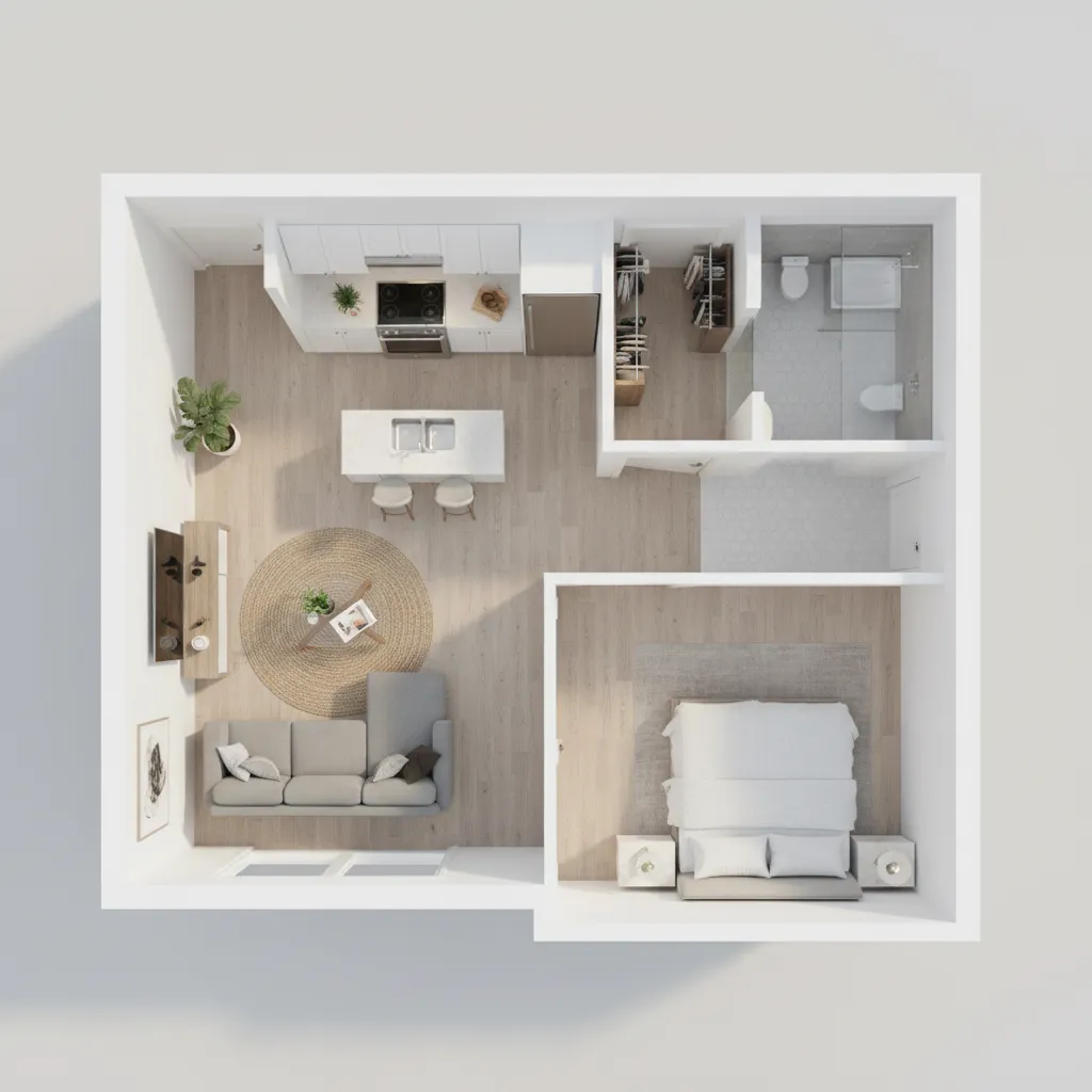 3D building floor plan showing living room kitchen and bedroom layout