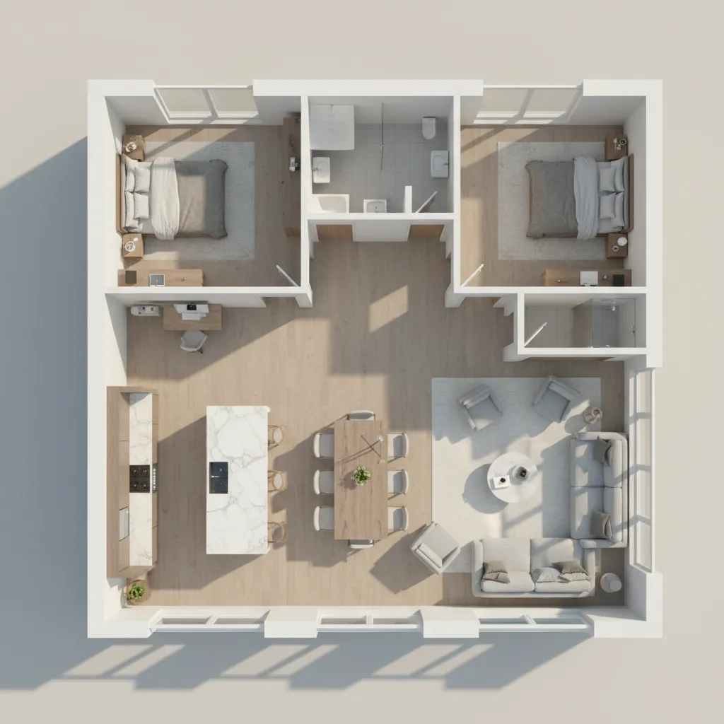 3D rendered floor plan overview showing furniture layout in a modern home
