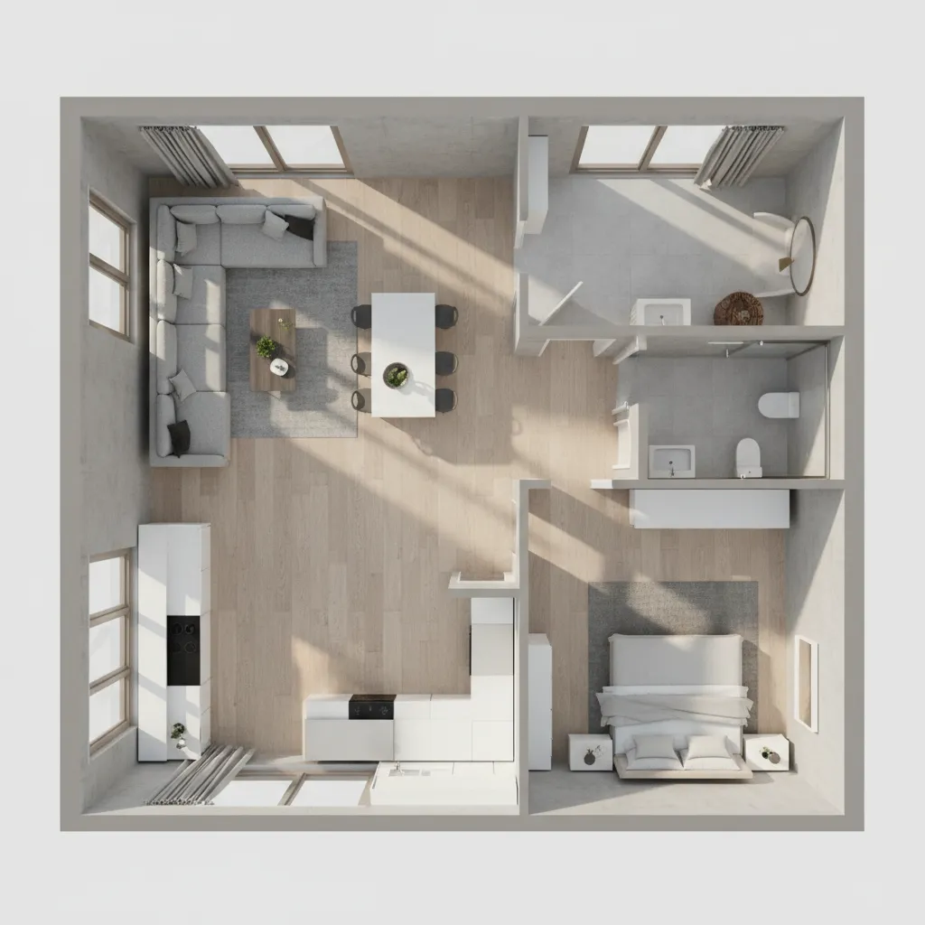 3D floor plan overview of modern apartment layout with labeled rooms and furniture placement