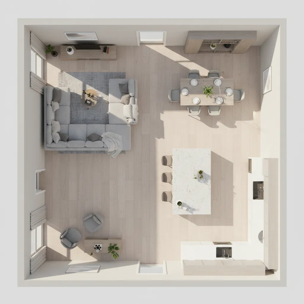 Top view 3D rendered floor plan of a modern home layout with furniture and room zones
