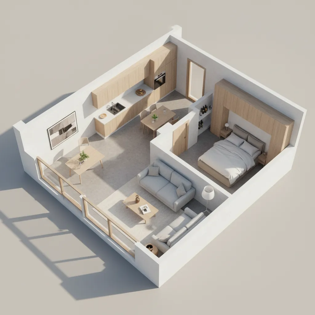 Top angled 3D floor plan of a modern apartment layout with furniture