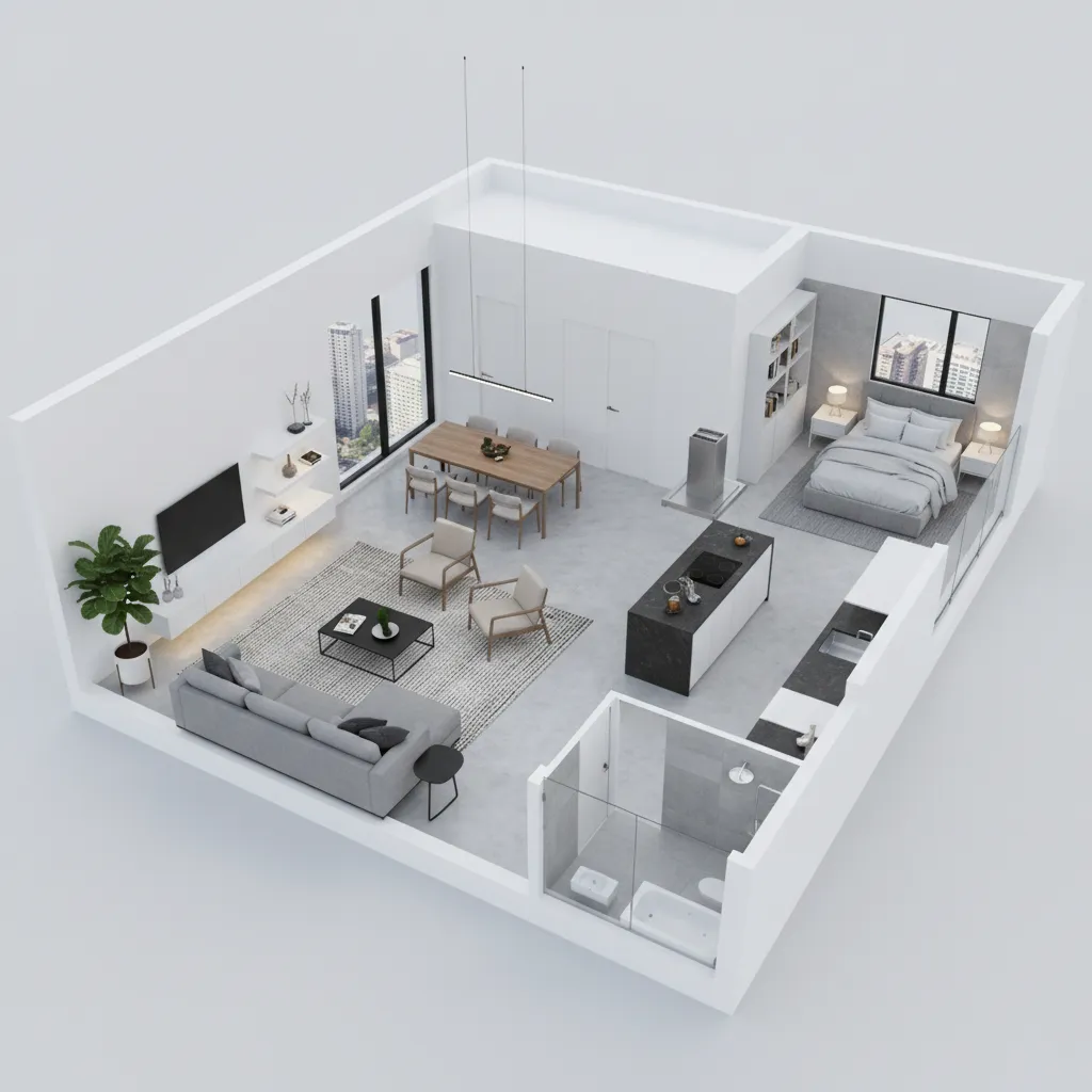 3D floor plan view with furniture models showing heavy rendering load