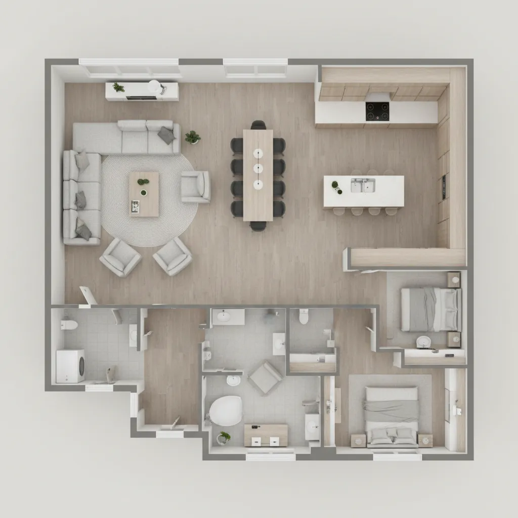 3D floor plan visualization of a home renovation layout