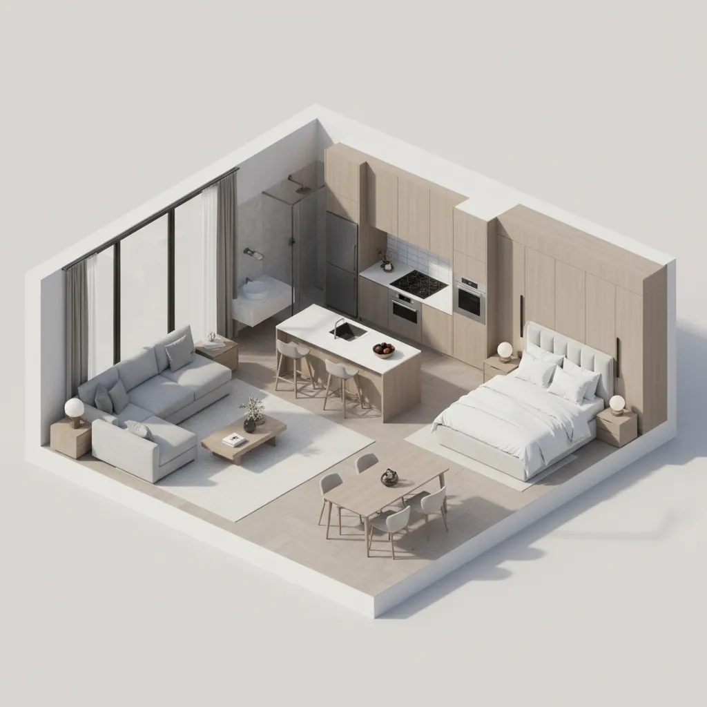 3D rendered apartment floor plan with furniture and lighting visualization