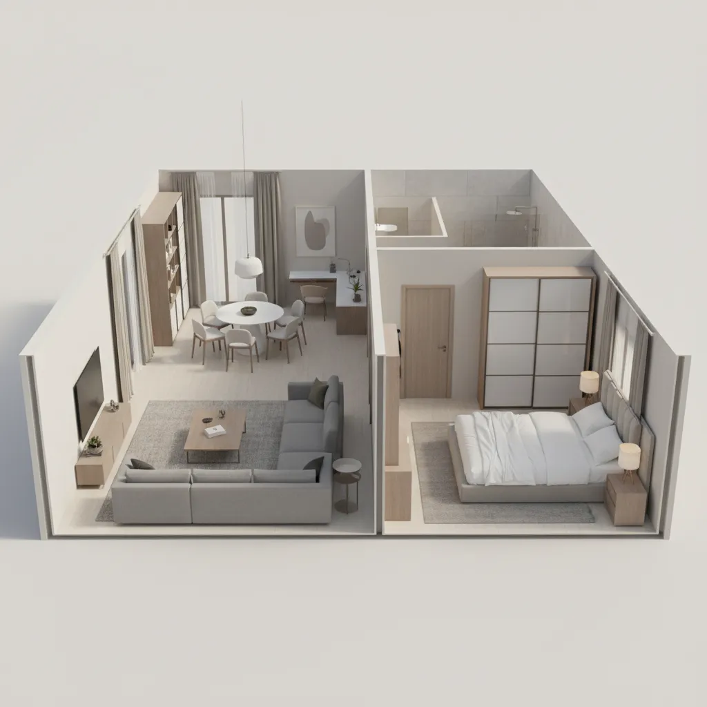3D rendered apartment floor plan showing furniture layout