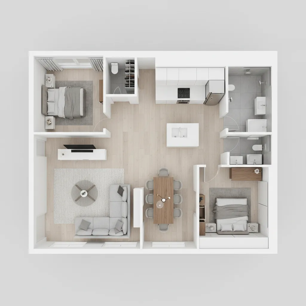 Top down 3D room layout of two bedroom apartment with living room kitchen and dining space