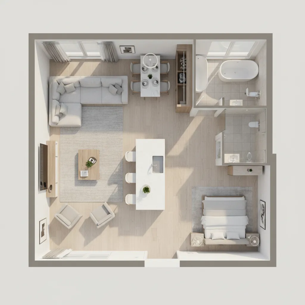 top view 3D floor plan rendering of a modern apartment with furniture layout
