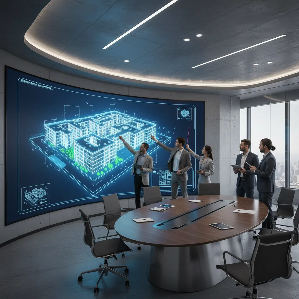 Team reviewing a 3D floor plan layout on a large screen