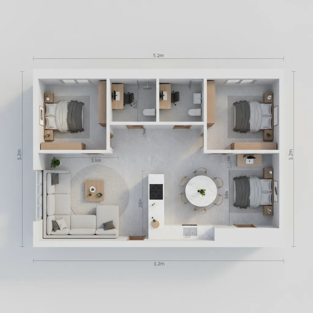 3D floor plan with measurement guides showing room dimensions and furniture scale