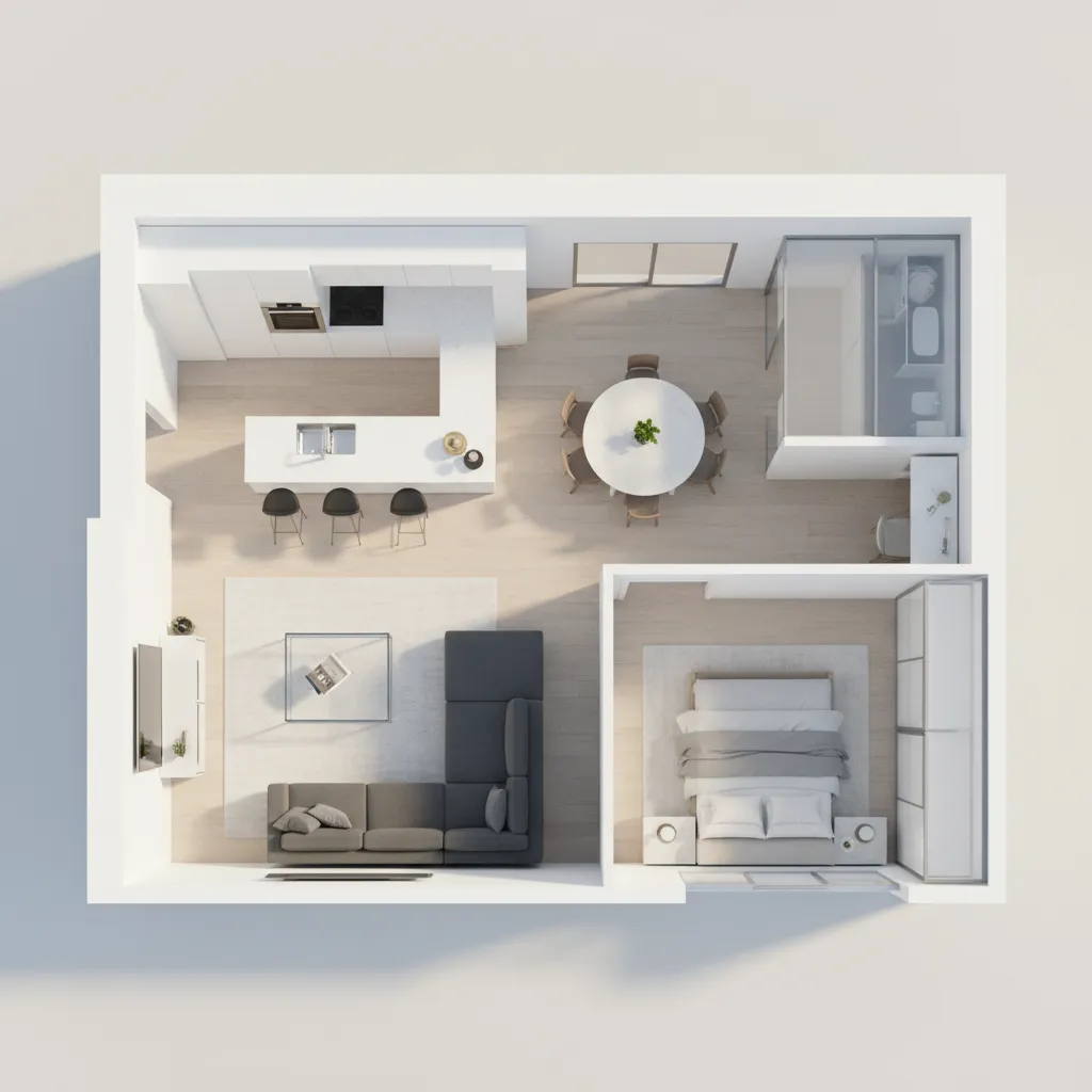 Mặt bằng 3D căn hộ với phòng khách, bếp và phòng ngủ