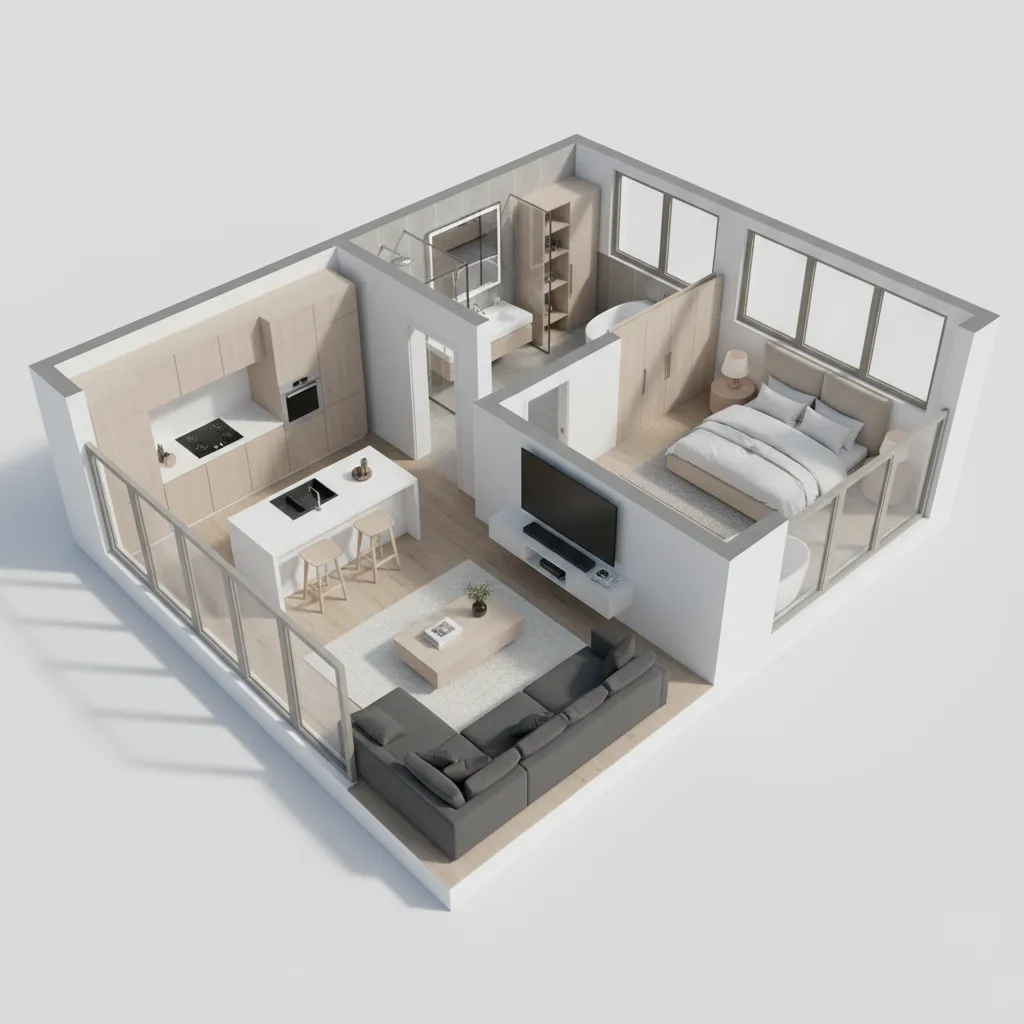 3D house floor plan showing kitchen living room and bedroom layout