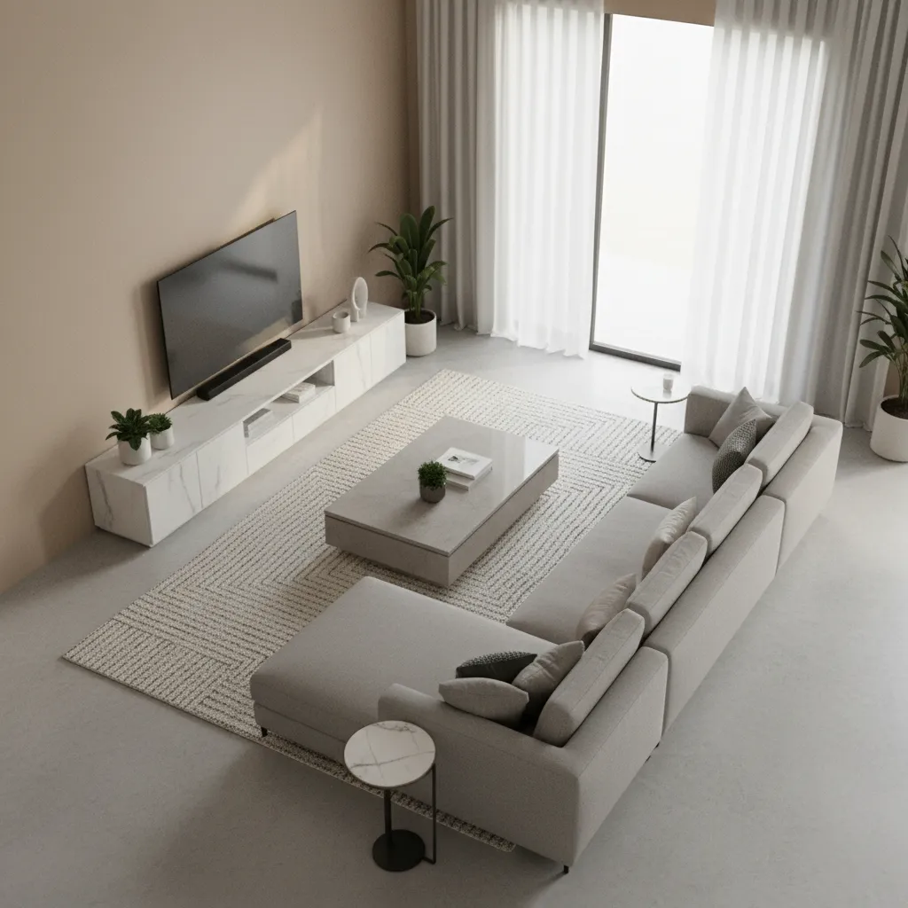 detailed 3D model of living room furniture layout created in a floor plan tool