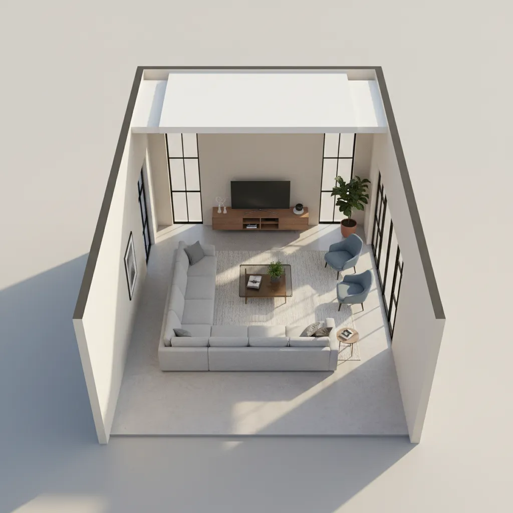 3D floor plan visualization showing furnished living room layout