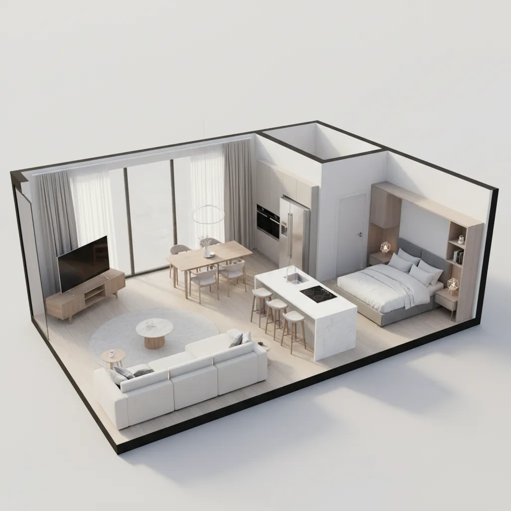 3d visualization of apartment floor plan showing furniture layout
