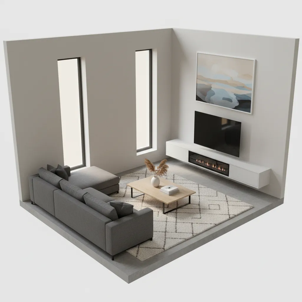 3D floor plan visualization of living room with furniture and walls cutaway view