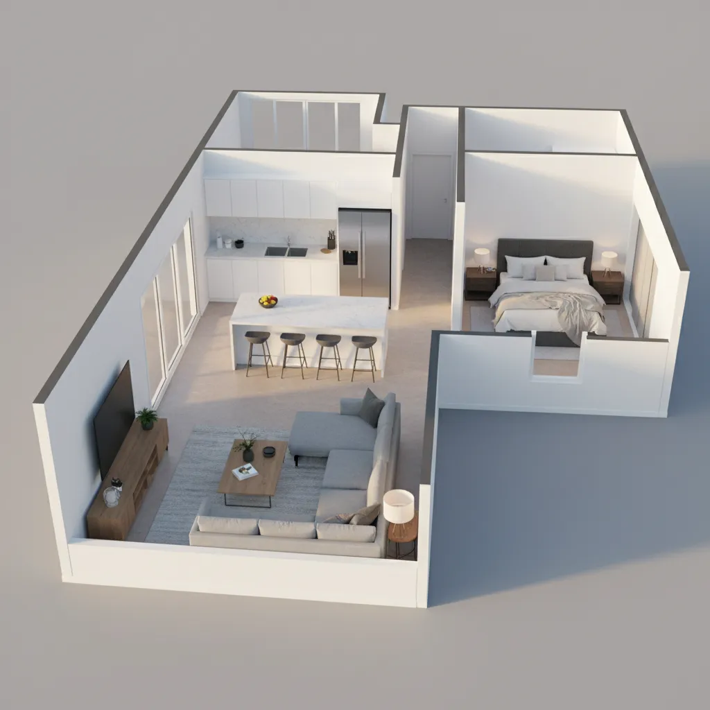 3D rendered floor plan showing furniture placement and room layout