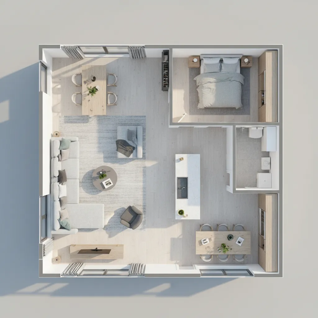 3D floor plan visualization showing furniture layout in a small apartment