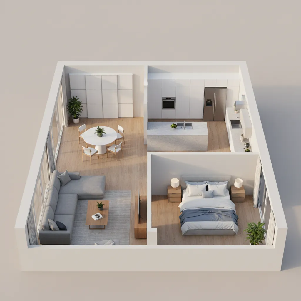 3D rendered apartment floor plan with furniture and realistic lighting