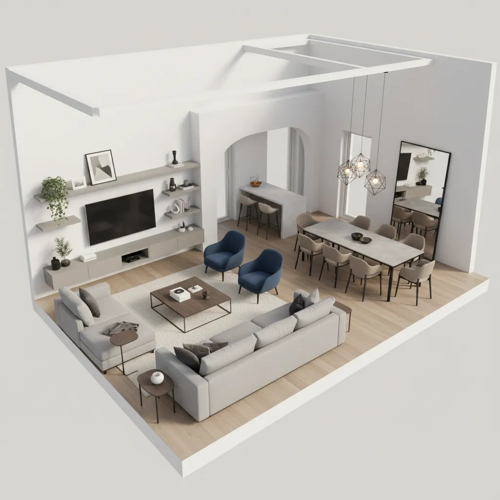 3D floor plan visualization showing furniture and room proportions