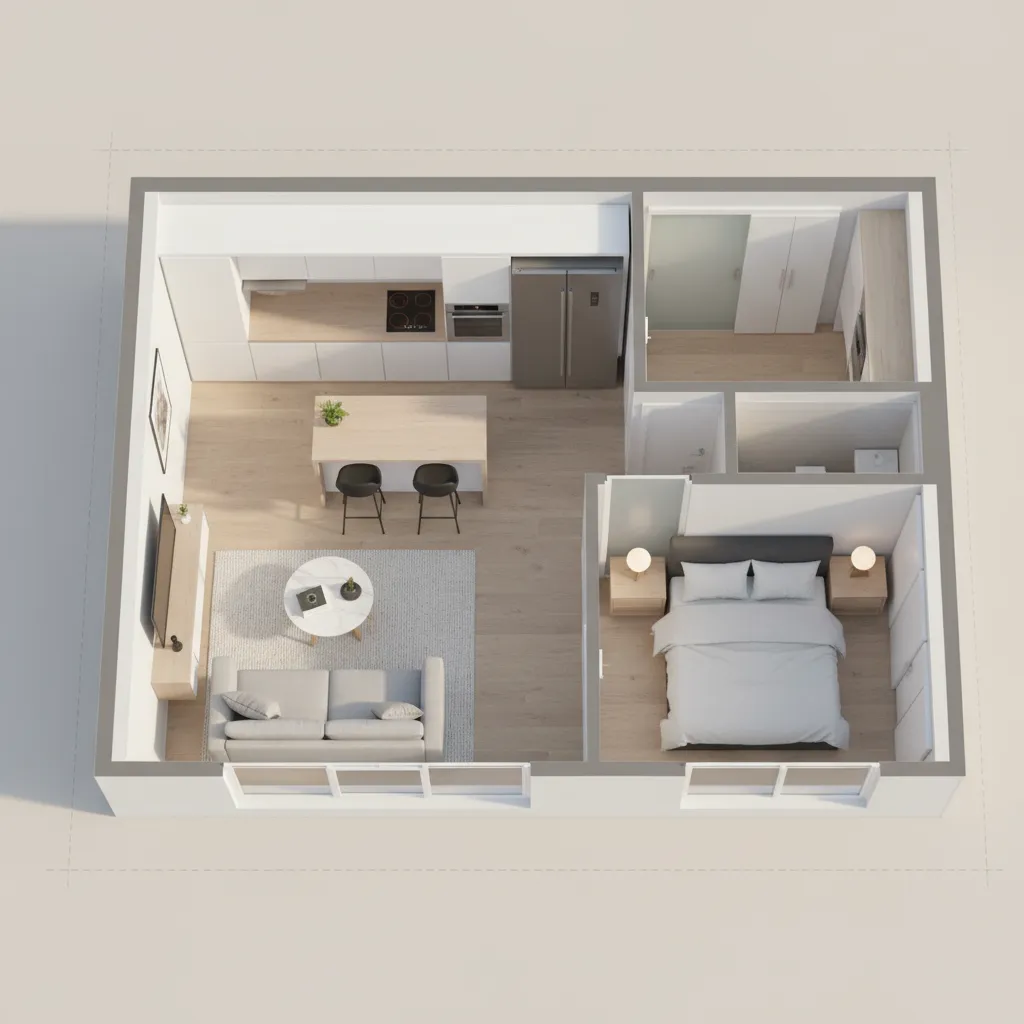 3D floor plan visualization of a small apartment with furniture layout