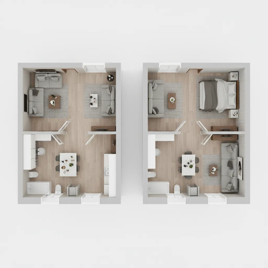 comparison of correct and incorrect scaling in a small apartment 3D floor plan
