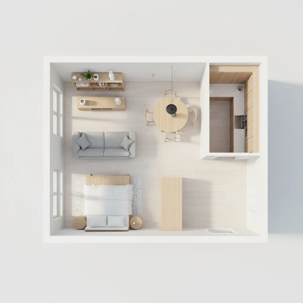 Plano 3D de apartamento con estilo escandinavo