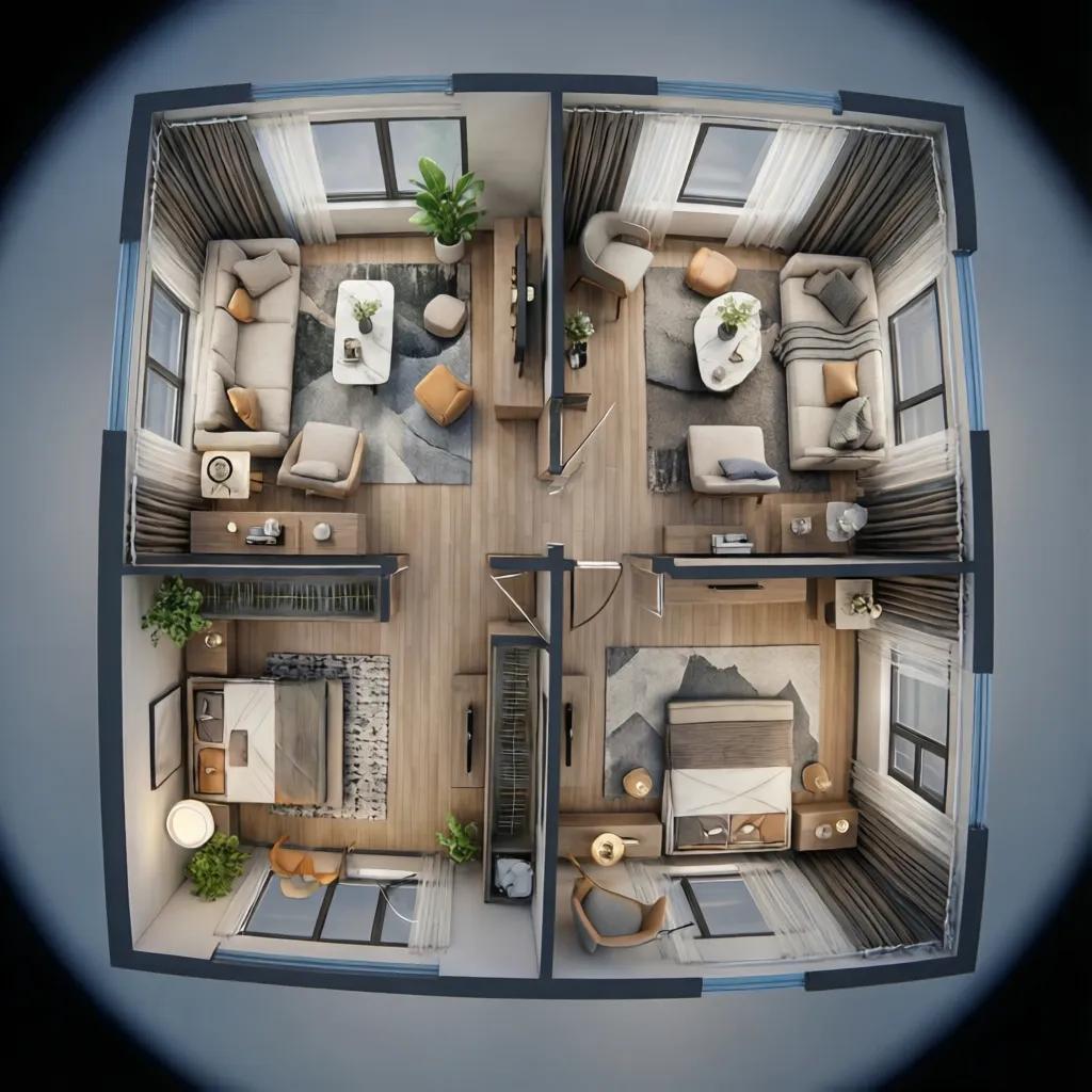 Plano 3D de distribución de un apartamento pequeño