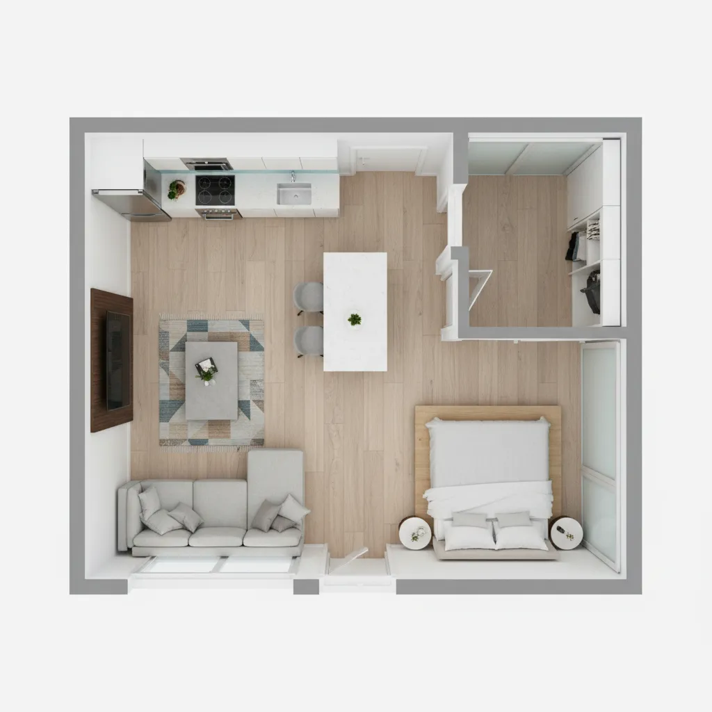 Plano 3D de un apartamento pequeño mostrando distribución optimizada