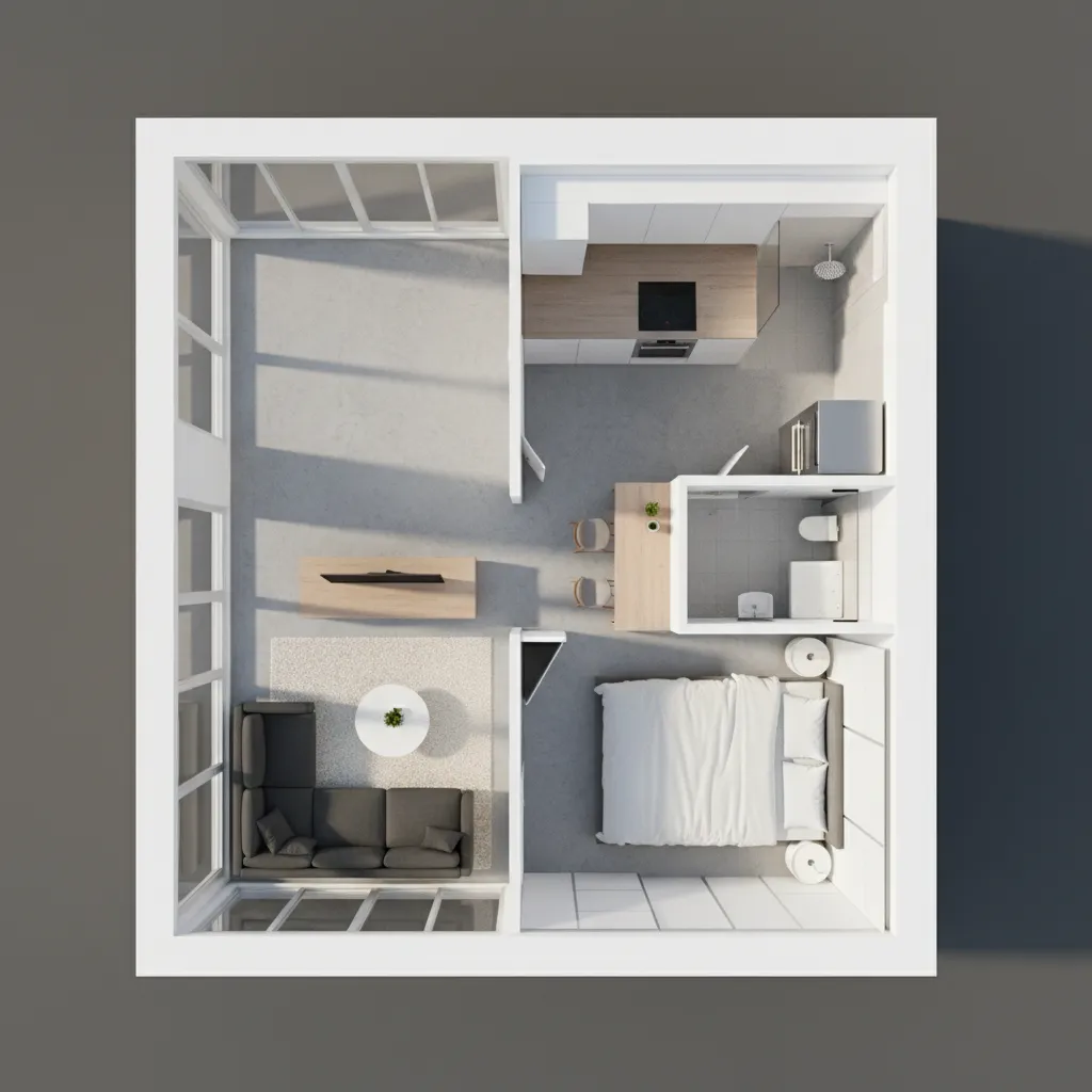 Plano 3D de un apartamento pequeño mostrando la distribución de muebles