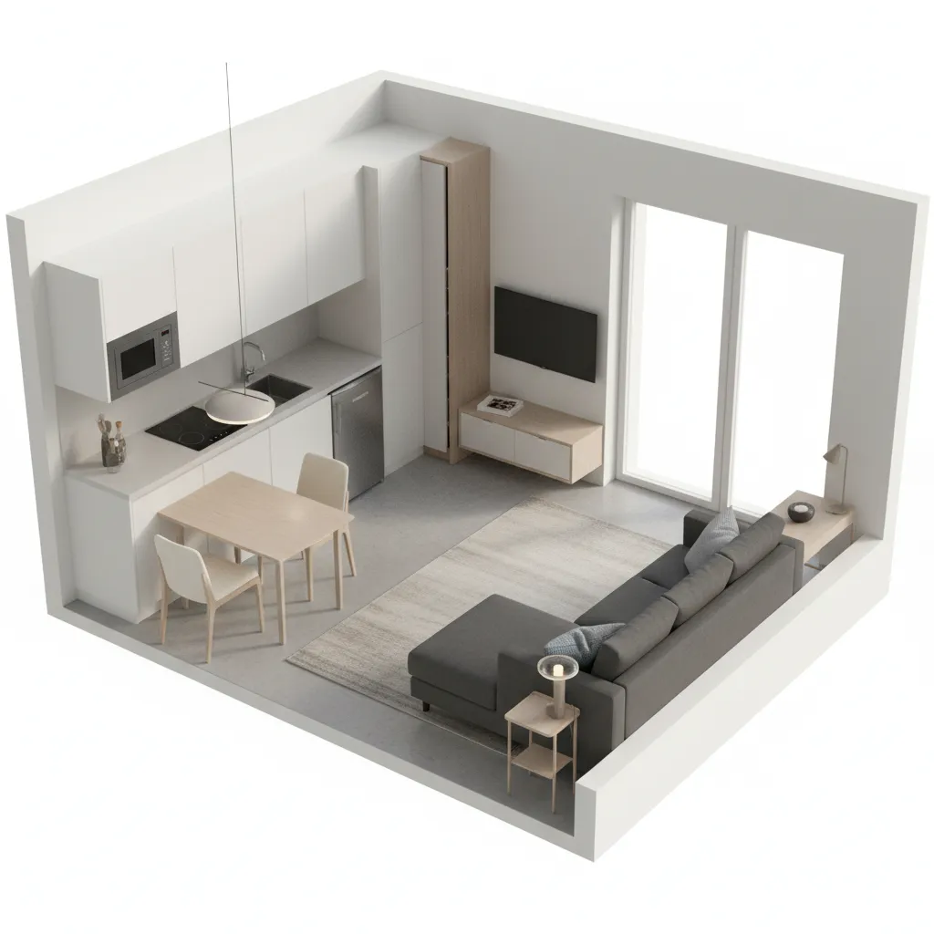 compact apartment 3D floor plan showing optimized furniture arrangement