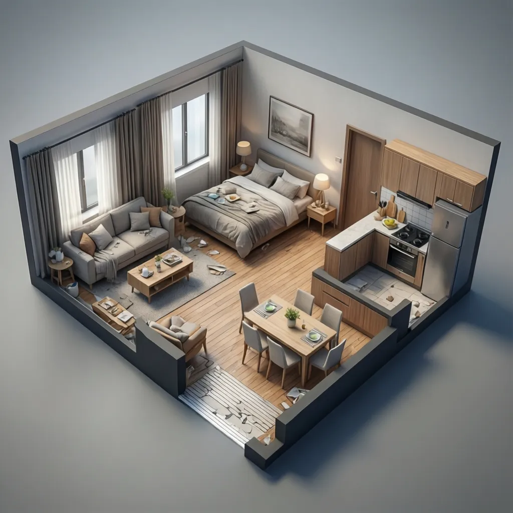 3D cutaway floor plan showing furniture arrangement in a small apartment
