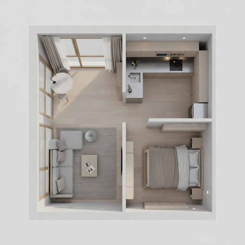 3D floor plan of a compact apartment showing optimized furniture layout