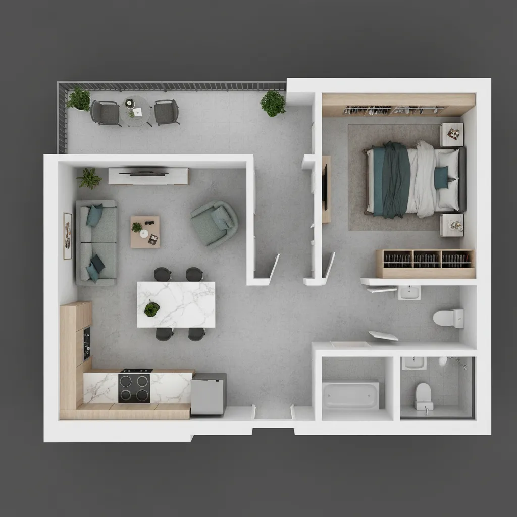 Plano 3D de una casa pequeña mostrando distribución de espacios