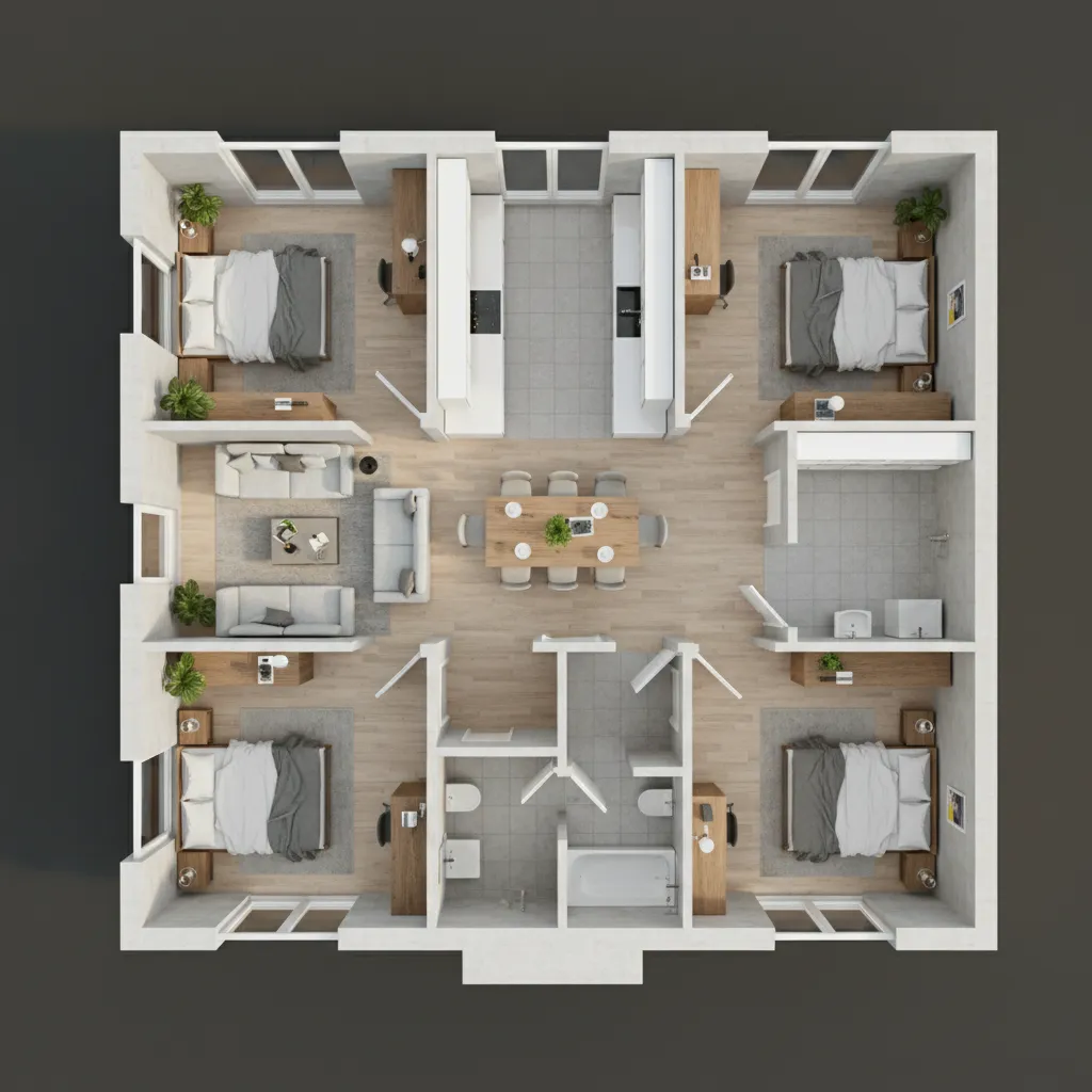 Visualisasi 3D denah rumah kecil