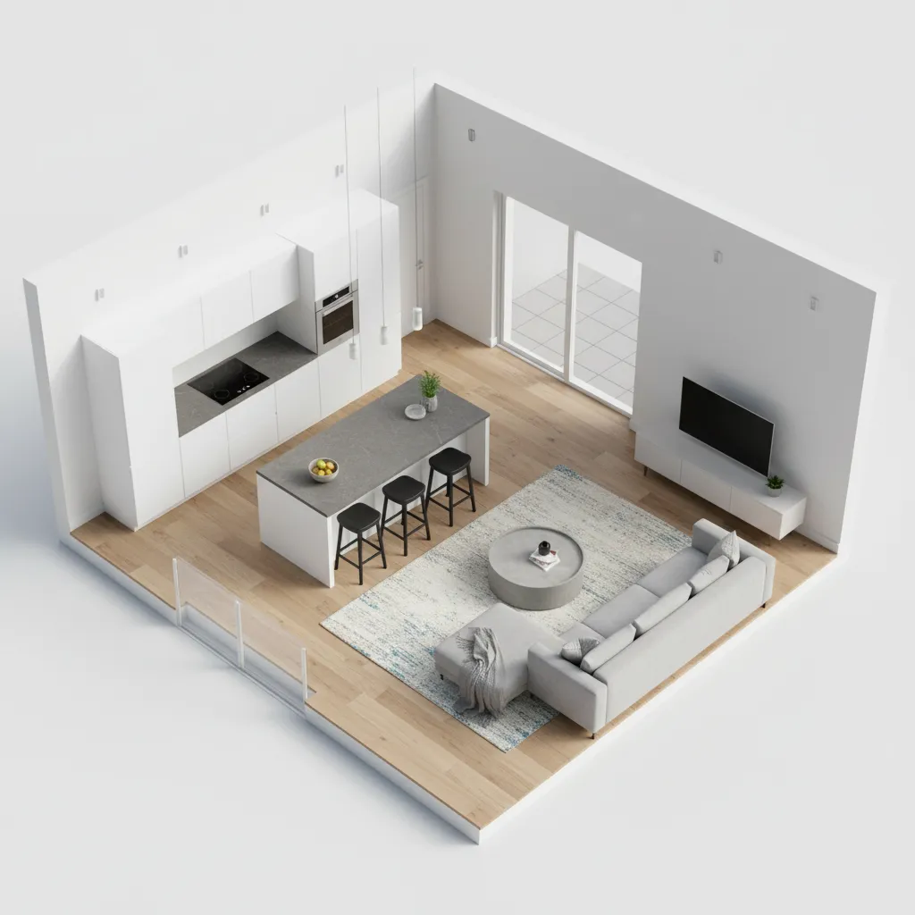 Plano 3D de casa pequeña moderna con distribución abierta