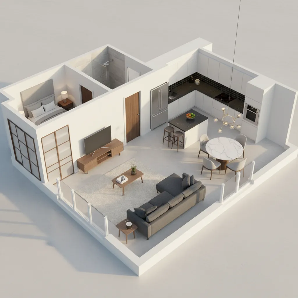 Visualisasi denah rumah kecil dalam tampilan 3D