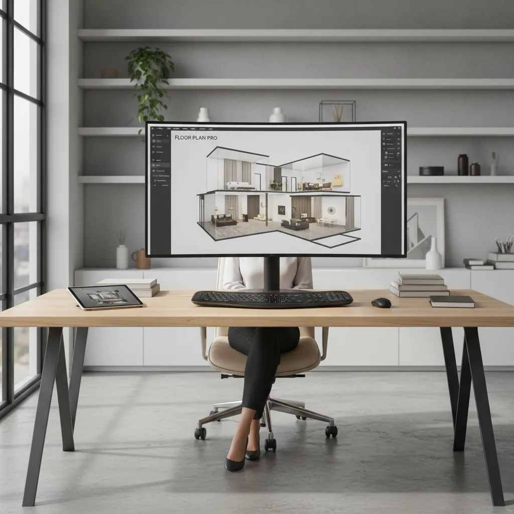 Designer reviewing a 3D floor plan layout on a computer screen