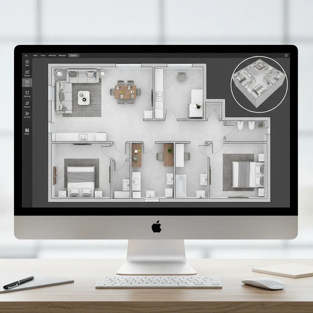 3D floor plan software interface showing apartment layout with furniture